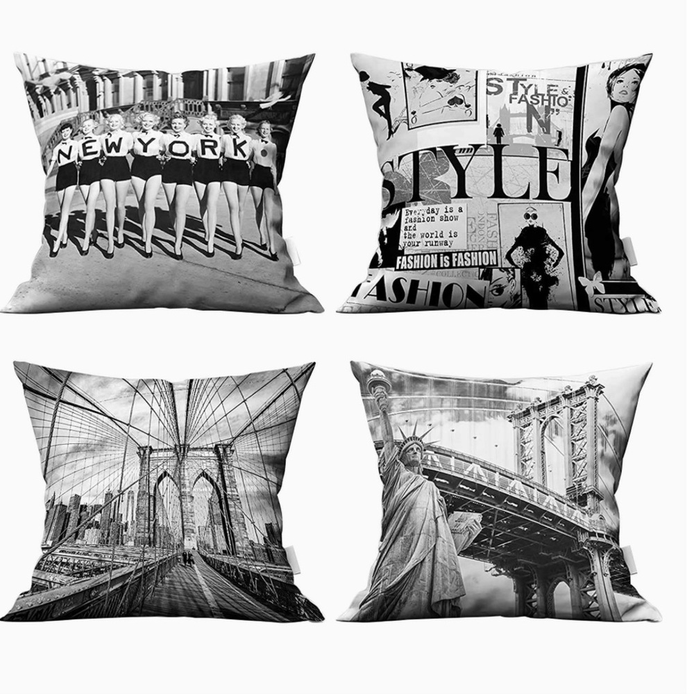4 Ronzar New York scenes Pillow Covers. As shown. 17”X 16&3/4”. Square. B&W.